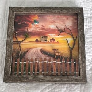 Rustic Landscape Framed Art with Deer and Fence